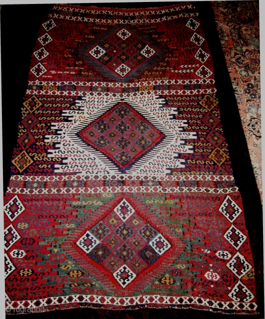 Finely woven East Anatolian Kurd slit-weave kilim, single loom-width, 122x 244 cms (4x8 feet); c 1850, possibly missing one medallion, fabulous dyes include green and yellow, loose floppy handle, very tiny domestic  ...