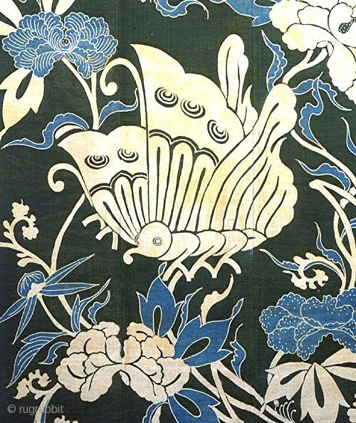 A very good Japanese folk art textile, futon cover, in the rice-paste resist-dye technique of tsutsugaki. Rare mixture of fine cotton and silk ground. Freely drawn with a bold pale yellow butterfly  ...