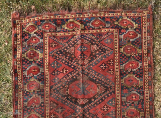 Small Beshir rug, 2nd. half 19th century, 7ft. 2in. x 3ft. 10in. or 2.18m. x 1.17m. Good colors and border design, with condition issues as shown, but priced accordingly. If you get  ...