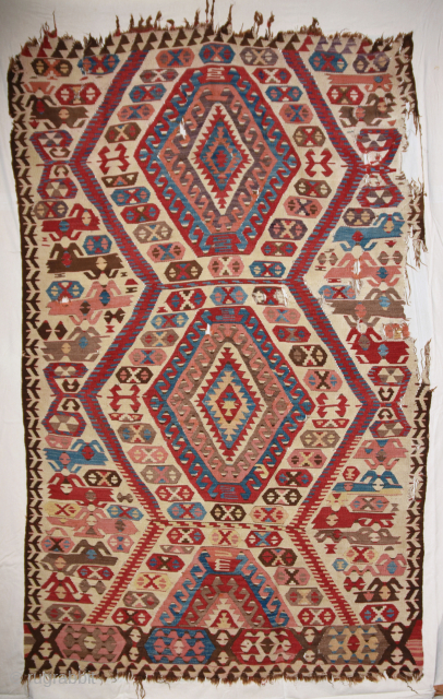 Antique Anatolian Kilim. IMO a Mut Kilim from the Taurus mountains, 19th. c., ca. 210 x 130 cm, condition as shown, mounted on linen, very fair price! Inquiries to: finkmarcel.99@gmail.com   