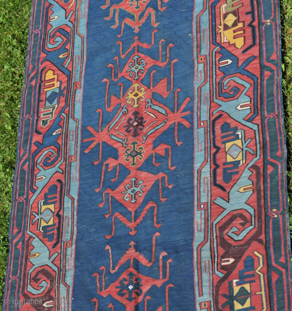 Impressive Avar Kilim, ca. 530 x 151 cm, or 17ft 5in x 4ft 11in, Daghestan, late 19th century, bold design and especially archaic border, excellent colour incl. some beautiful petrol and yellow,  ...