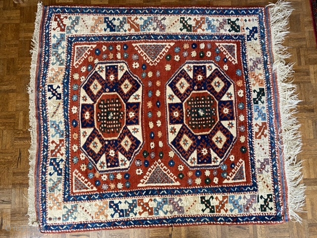 Sold Turkish Dobag-type rug with some age. Beautiful dyes as you can see. A small hole about 1.5”. Size: 64” X 56”. This is a hard to find piece nowadays! $450 plus  ...