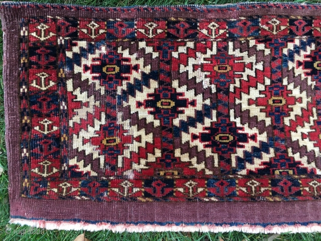 Sweet Torba, with Asmalyk guls, 45" X 15" - Symmetric knots. Saturated dyes, with mothing [taken care of], and wear. Super decorative. Some red dye issues with the weft, but clean on  ...