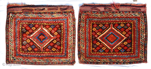 Pair of Qashqai/Luri bags with bold design, glossy wool and great colors. Ca late 19thC/1900. Size each 52 x 62cm/ 21 x 25 inches. Good condition with even long pile, a few  ...