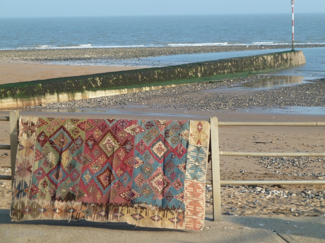Lovely south east anatolian kilim (half of), nice colours, complete in width but roughly half the length, 189 x 168 cm, 5.9 x 5.5 ft.        