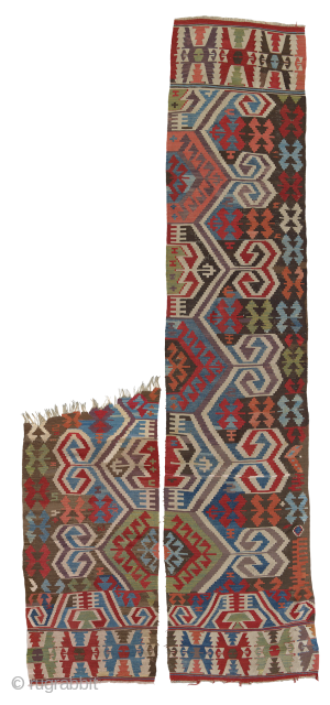 Antique central anatolian Kilim.
A two parts tribal flatweave from central Anatolia in great natural dies colours. One stripe is complete and in a good condition, with some old restorations. The other one  ...