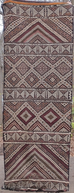 Moroccan Middle Atlas flatwoven rug, probably Beni Mtir or Beni Mguild - from a brand new poster. It has a dark ground, hard to find in these rugs, and an overall design  ...