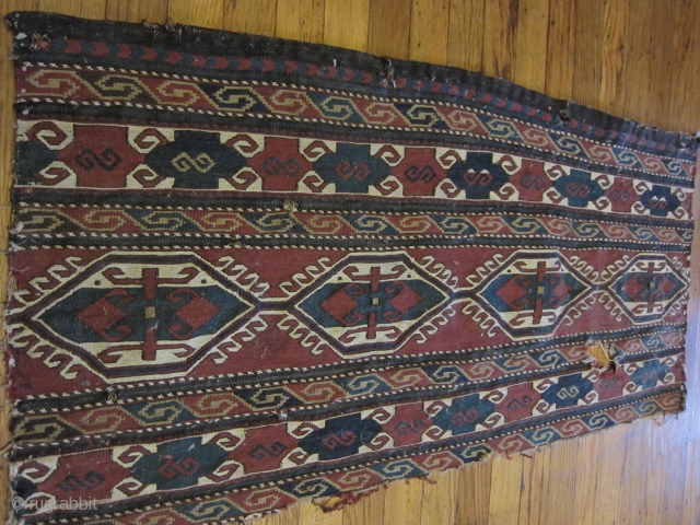 Karabagh Mafrash Caucasian bagface from the 19th century. Has a few holes and some fraying of edges. 3'x 1'6"              