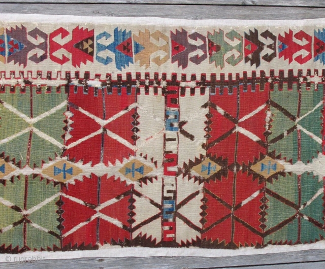 Early Central Anatolian Kilim Half,80x340,great individual interpretation of a well known design,proffessionaly mounted.                    