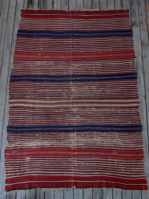 Early Yuncu Striped Kilim,ca.1800,140x210cm,complete with some use damage,great colors,textile like qualities of weave and handle.Beauty of Simplicity!                