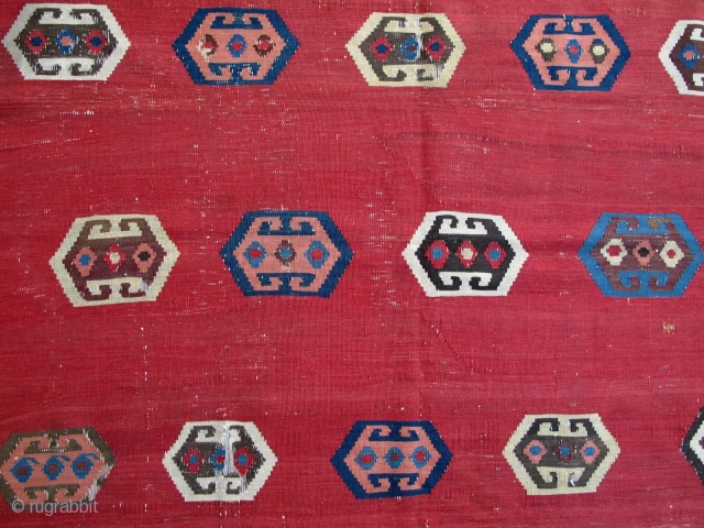 Early Shahsavan? Kilim Fragment,125x185cm,very finely woven on cotton warps using lazy lines in the red background,a r t.               