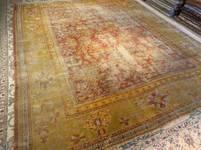Antique Oushak rug 
Approx 9x12 feet 
Circa 1900’s 
Some old repairs low pile                    