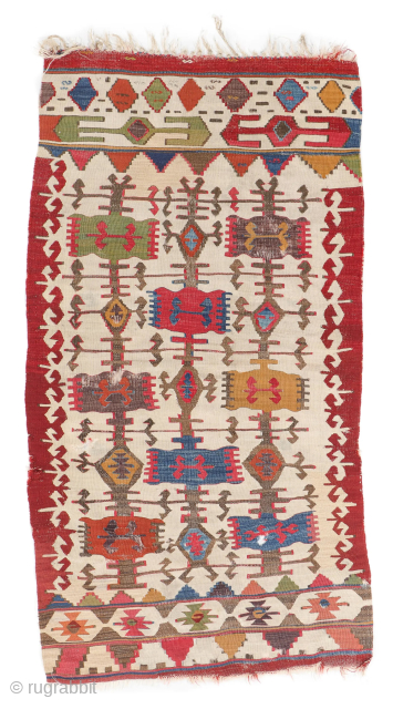 Central Anatolian Kilim, Turkey, Early 19th C., 2'5'' x 4'9'' (74 x 145 cm). Weight: 3 lbs. Material: wool surface, wool warp. Ex. Alan Garrison Collection. Est: $2000-$4000, Starting Bid: $1000. Lot  ...