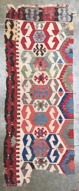 Anatolian kilim fragment, 19th c., featuring the notorious double hook design, 1 center patched (see it circled)                