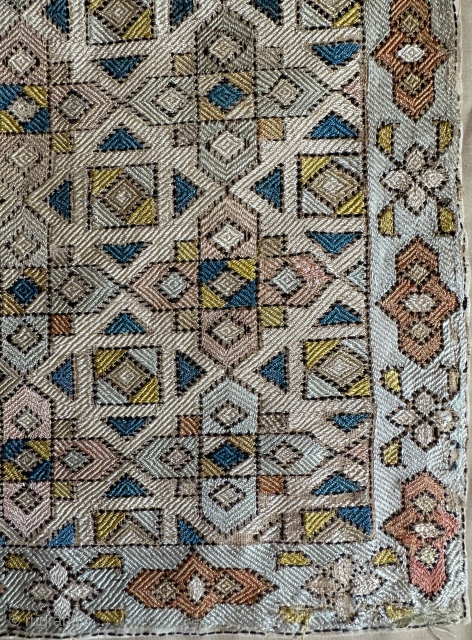 Caucasian silk embroidery, 2nd half 18th c., 74 x 73 cm. Typical "Baku" (?) style embroidery with pastel-like colors. Mounted on cloth, outer dotted borderline reconstructed on mount, some damgage (image 3).
Contact:  ...