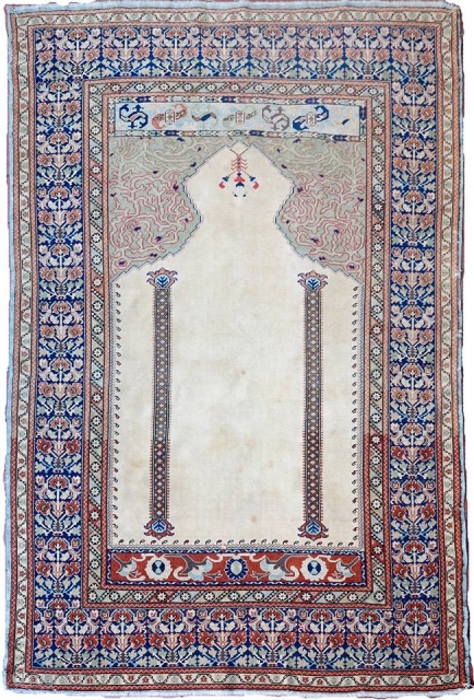 Ghiordes or Kayseri Prayer rug. Low pile, little stains on the ivory ...