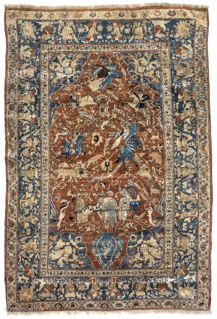 Great Silk Heris rug with highly unusual hunting scenes 187x127cm
19th century
Very good condition. 

                   