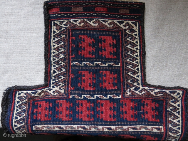 Afghanistan Baluch kilim salt bag, all wool, goat hair side wrappings, natural colors, great condition.  Circa 1920s. Size: 52 cm x 33 cm (21” x 13”).      