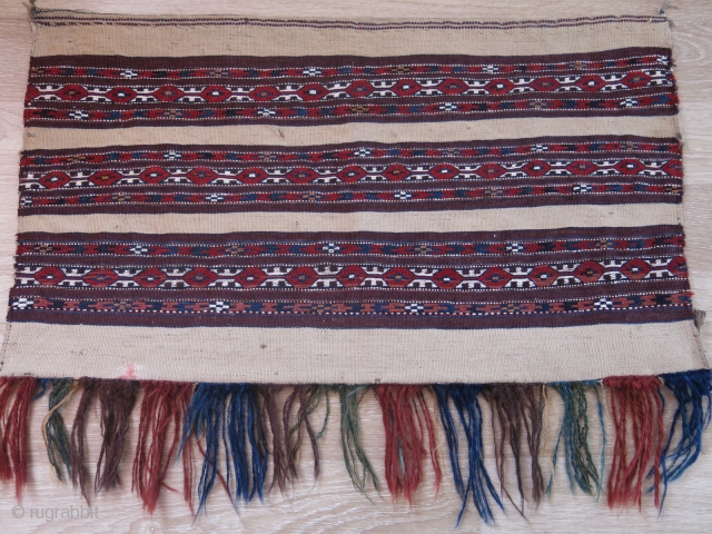 Turkmen Yomud torba with soumak weave. Natural colors. Circa 1900-20.

Size: 71 cm x 40 cm (28" x 16").
Tassels: 11 cm (4.5").            