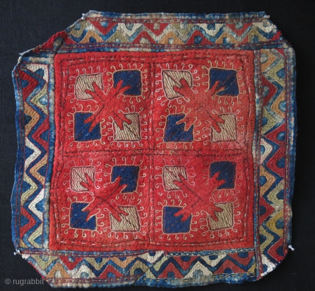 Kyrgyz silk embroidery felt fragment/cushion cover. Circa 1930s. Size: 65 cm x 67 cm (25.05" x 26.3").                