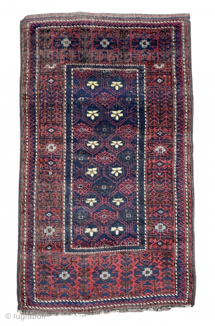 And Last but Not Least - Baluch Rug with Yellow Mina khani pattern, well drawn main border and beautiful saturated colors - 3'3 x 5'7 - 99 x 168 cm.   