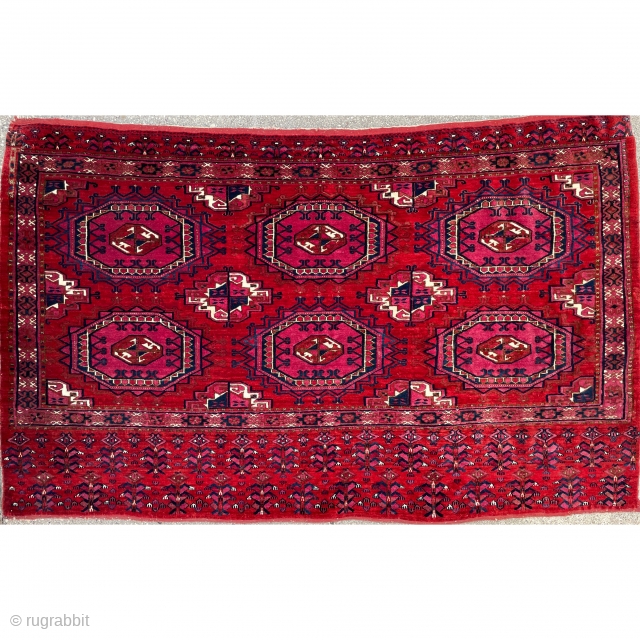 Turkmen Tekke Turret Gul Chuval. Full pile, all original with kilims folded under, mint condition. As good as they come! Circa 1860-70 -  51″ x 31″ – 130 x 79 cm.  ...