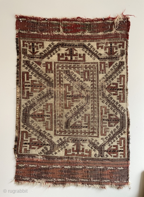 Baluch small rug/balisht with rare ivory ground, worn thin but still great drawing - 23" x 35" - 58 x 89 cm           