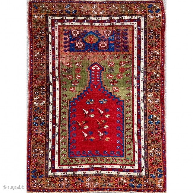 Central Anatolian Konya Prayer Rug - Original un-restored condition - what appears to be wear above the mihrab is mostly enhanced by natural oxidation! - 3'9 x 5'2 - 115 x 157  ...