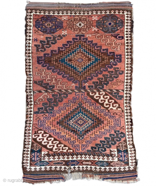 Uncommon and Unusual Baluch Rug with the so called Hidden Elem? design at the bottom, many interesting drawing element in this lovely old piece. Soft and Floppy handle. 36" x 59" -  ...