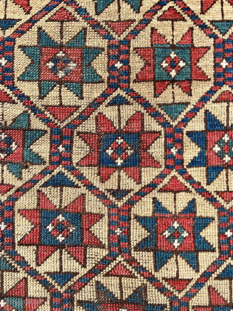 Antique Caucasian Kazak Rug with Star patterns on a yellow field. Circa 3rd quarter of the 19th c. In as found condition - email yorukrugs@gmail.com for price      