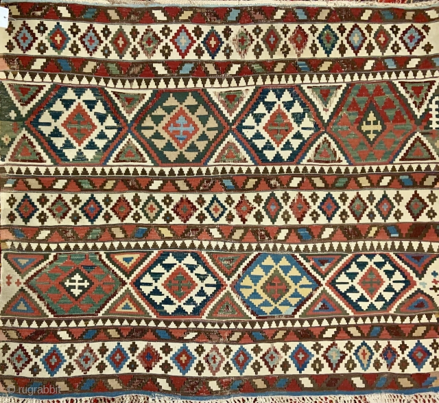 19th c. Shirvan Caucasian Kilim Fragment not suitable for the floor but would make a nice wall-hanging. - 60" x 55" / 153 x 140 cm.  Image taken indoors, please ask  ...