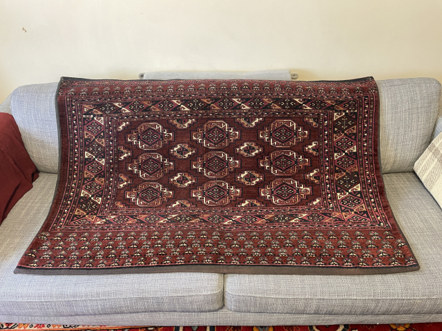 Turkmen Saryk Chuval with cotton whites lower then the rest of the pile, no silk, has the original kilim back, no repairs - email for extra pictures and purchase info - yorukrugs@gmail.com  ...