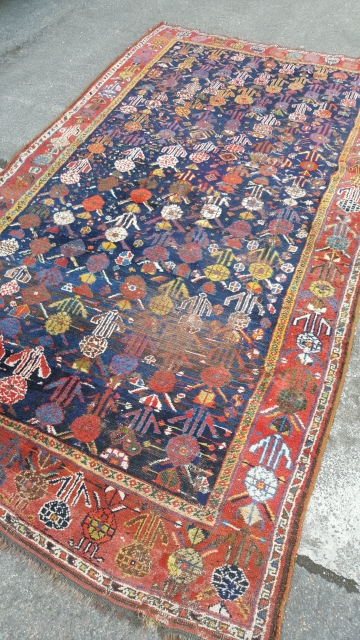 A lovely Antique khamseh rug 270x140. This rug has numerous old repairs and a few low areas. It could still be used on the floor or as a hanging and retains all  ...