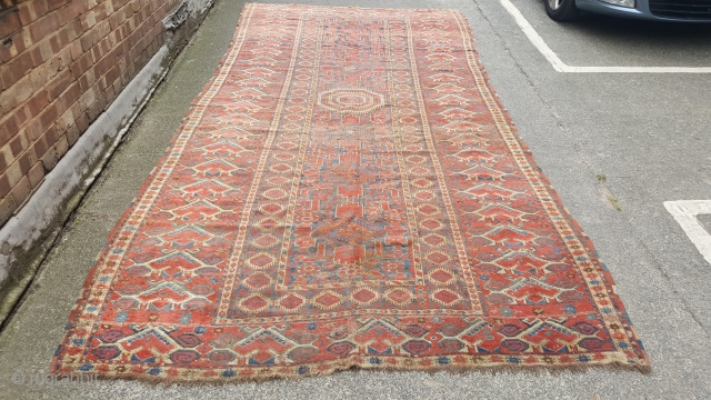 A beautiful Antique Beshir Kelleh mid 19th or earlier. Lovely colours though needs a clean.
The piece is solid but has some wear and small areas of damage.
Size is 400x 180cm approx
price does  ...