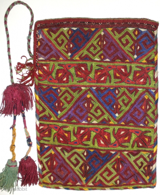    Here is a very large and stunning Ersari Turkoman embroidered purse.

  The truest color representtation is in my second photo (close up).

Measuring 6 1/2" X 9" the piece  ...