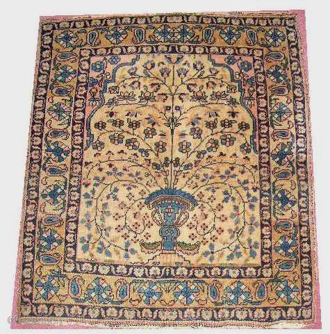 Double Face Mohtashem Kashan Rug.  Very cute and collectible piece.  One face is ivory background vase pattern and the other side is medallion pattern.  It has been in my  ...