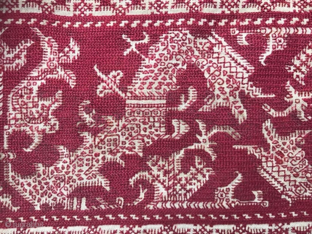 Rare and beautiful Azemmour Embroidery mounted on a nice red textile.
Size : 152X18cm circa : 17th century . Morocco .
Price : 1500 euro+shipping from Paris.        