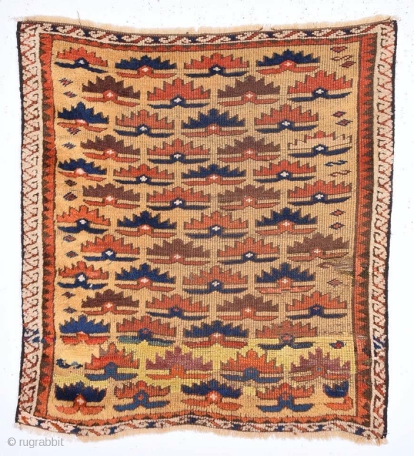 Beautiful and early Baluch rug,  Rare yellow field and white border in condition .
Great pattern.
Some old repairs on as on photos.
Size : 76x68cm         