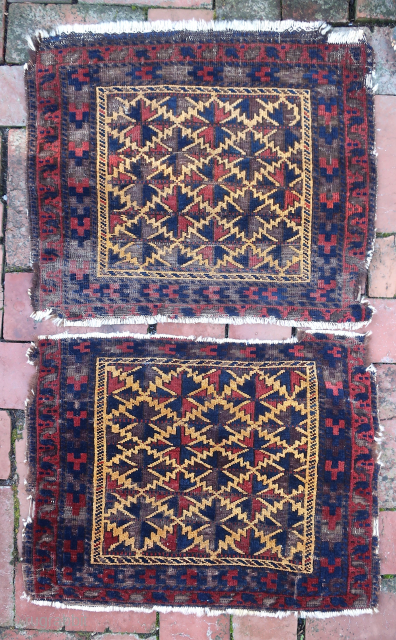 Pair of Yellow Ground Bag faces-- approx 16 × 20” and 18 × 21” 
Sistan-type possibly Zabul area.

Ex James Douglas personal collection. Mr. Douglas was a scholar and aficionado of Mideast tribal  ...