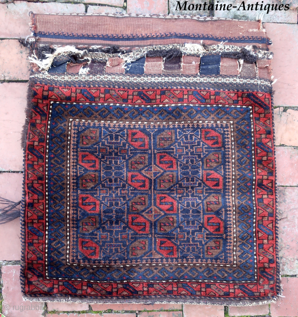 Baluch Double Saddle Bag-- approx 23 × 25” (each bag)

Khorgin (double bag) likely western Afghanistan. Plush silky pile. Finely detailed weft facing brocade on back kelims (photo 3).

Ex James Douglas personal collection.  ...