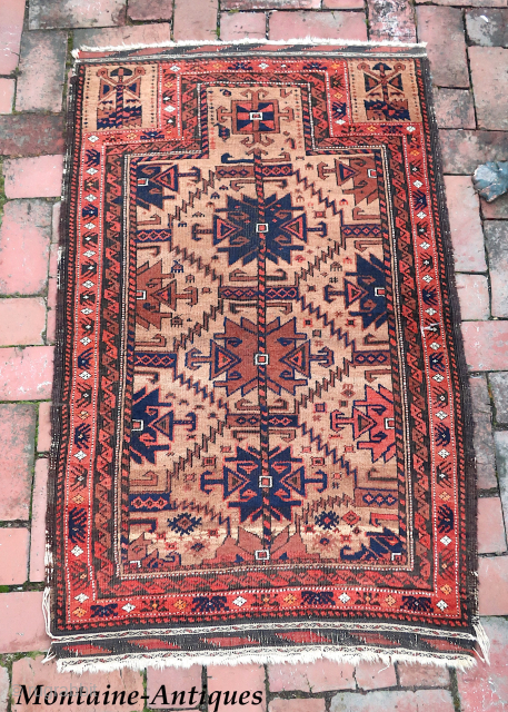 Salor Khani Baluch Prayer Rug-- approx 30 × 49”

Camel ground and soft colors. Very decorative tribal piece.

Ex James Douglas personal collection. Mr. Douglas was a scholar and aficionado of Mideast tribal weaving  ...