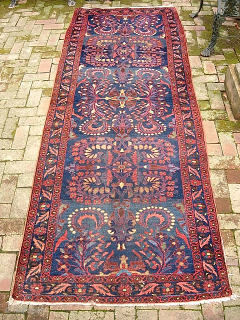 Hamadan Runner. 3 ft 7 in  x 10 ft 1 in-- Deep blue with soft vegetable colors and lots of interesting abrashes. Classic Art Deco floral motif with some tribal nuances.  ...