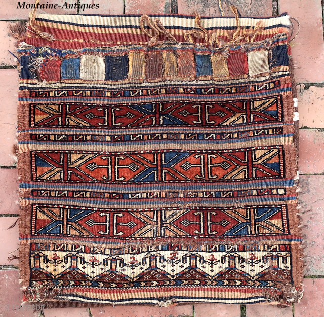  Ancient Veramin Full Double Bag— approx 23 × 23”
 
Full double bags with striped backing. Typical of Veramin, faces are comprised of alternating stripes of pile and flat weave. Appears to  ...