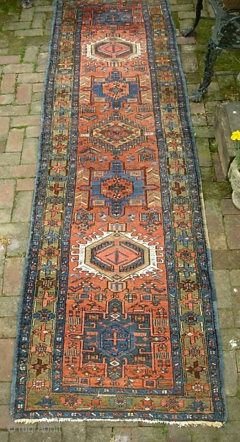 Karaja runner-- 2 ft 11 x 10 ft 4 inches. Nice old piece with soft colors. Pile is old but even with a smattering of foundation dots.  $30 ups to Lower  ...