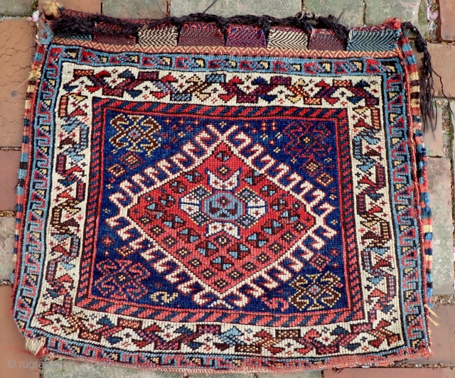 Qashqai-- 22 x 24 in. Colorful ancient ethnographic piece with good striped back.CONDITION: Shows its age but otherwise decent Please see all photos. US Shipping: $15 please call the shop for concise  ...