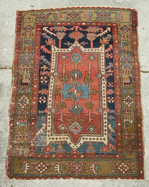 19th Century Heriz region. check out the weave... Maybe a small Serapi or Bakshaish? 2 ft 11 x 4 ft 4 inches. The photos show the condition issues. Maybe full restoration is  ...