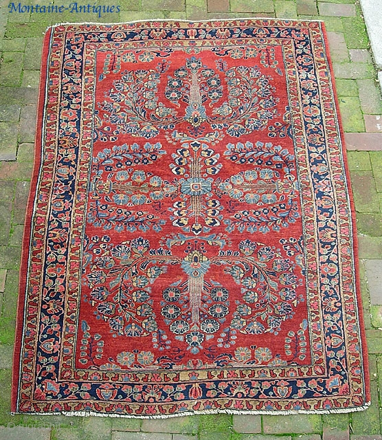 Fantastic fine Sarouk with "Akhavan" shop signatures in two places. 4 ft 4 inches by 6 ft. 5 inches. Really fine thick plush thing. As you can see it is missing a  ...