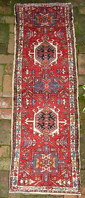 Karaja mini-runner. 1 ft 10 x 5 ft 10 inches. Colorful and decorative little rug. Principal attraction is unusual size. I'm thinking-- a nice thing to have on hand for a retail  ...