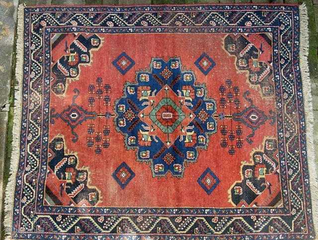 Afshar, 5 ft x 5.2., Late 19th or early 20th cent. Useful square. Great open field medallion like a Serapi/Bakshaish. All natural colors. Thick and meaty in the center with wear at  ...