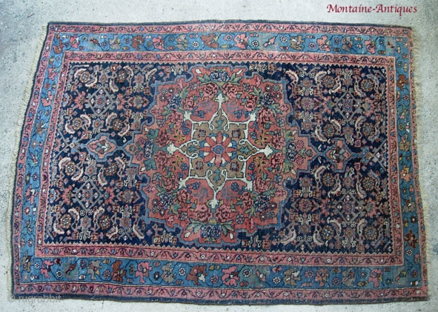 Bidjar, 3.8 x 5. circa 1900-- possibly late 19th century. Wool foundation   Classic Herati design with French flower motifs inside the medallion. Weave is also typical Bijar with thick, tightly  ...